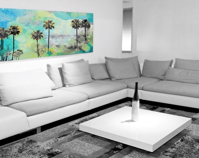 Malibu. California. Palm trees. Original Mixed Media Hand-Painted digital canvas print with Acrylic by Irena Orlov, Large canvas 30 x 60"