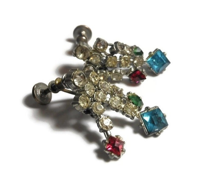 1930s rhinestone earrings, dangle screw back earrings, clear with pink, blue and green stones at end set in pot metal