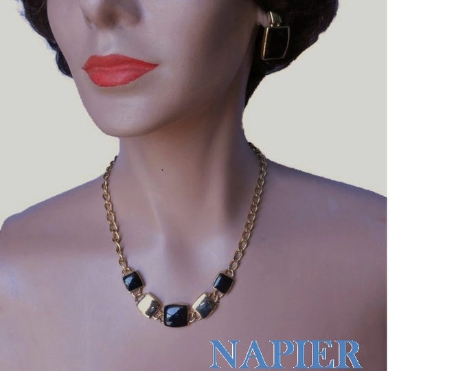 FREE SHIPPING Napier necklace earrings set, 1980s demi parure black and gold plated squares a chain, choker or necklace, pierced earrings