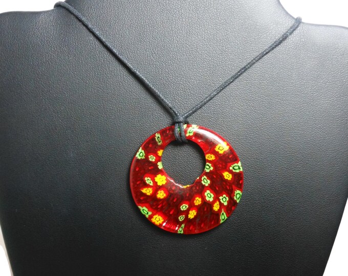 FREE SHIPPING Millefiori glass pendant, 40mm round red, yellow and green flowers, round go-go on black cord, silver plated findings