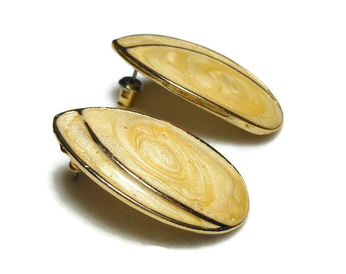 Butterscotch enamel earrings, yellow swirl iridescent teardrop pierced earrings gold tone.