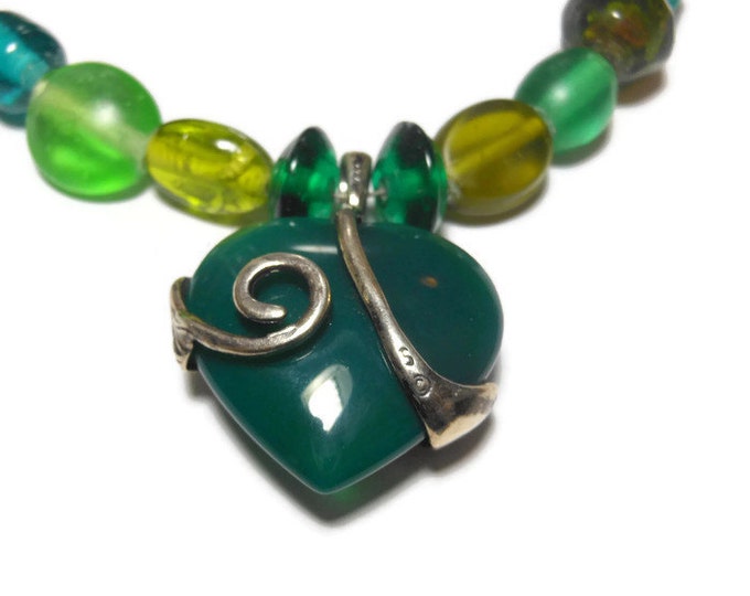 Sterling horse necklace, green gemstone (jade?) enclosed in sterling Mother and child horses with glass beads and sterling clasp, signed 'S