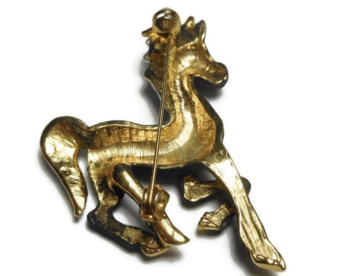 FREE SHIPPING Black horse brooch pin, flat black enamel horse with glossy silver gold hair, glossy gold ears hoofs, rhinestone eye, small