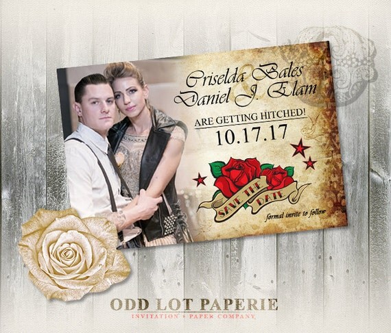 Rockabily Save the Date Wedding Announcement, Rose Tattoo Wedding, Printable Wedding Save the date, Vintage Rocker Wedding, Offbeat Wedding Il_570xn
