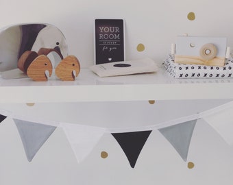 the mini max - small black, white and grey fabric flag banner bunting
