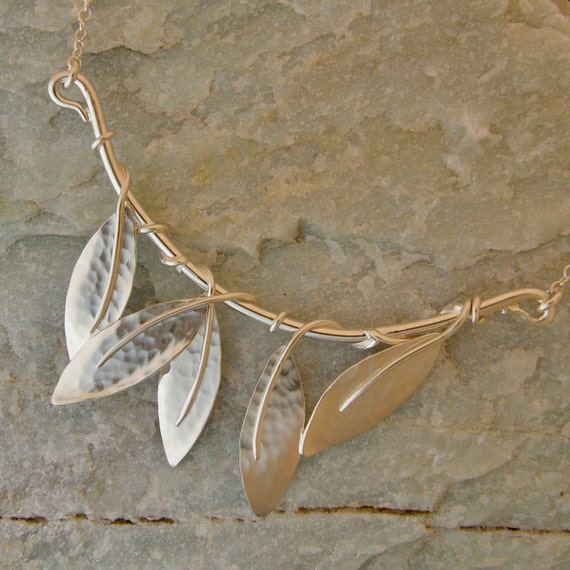 Hammered Silver Laurel Leaf Necklace Unique Leaf by anitashultz