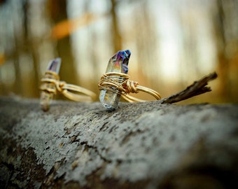 Crystal ring (bohemian stone ring, crystal ring, quartz ring, glass ring, wire wrapped crystal, gold silver gypsy hippie boho ring)