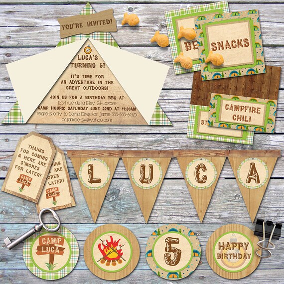 Camping Party - Camp-Out Party - Birthday Party Pack - Custom, Printable - Rustic, Greens & Browns, plaid - Vintage Inspired Il_570xn