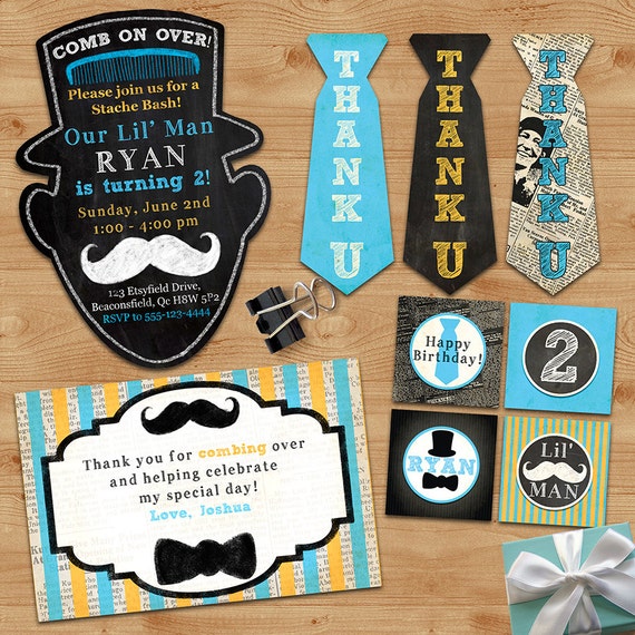 Mustache Bash Birthday Party Pack - Vintage Inspired - Blackboard, Newspaper - Custom, Printable - Chalkboard, Mustache - 4 ITEMS Il_570xn