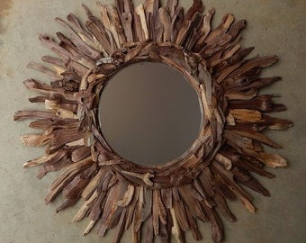 Rustic Natural Walnut Wood Sunburst Mirror, Reclaimed Wood MADE to ORDER