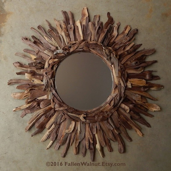 Rustic Natural Walnut Wood Sunburst Mirror Reclaimed Wood