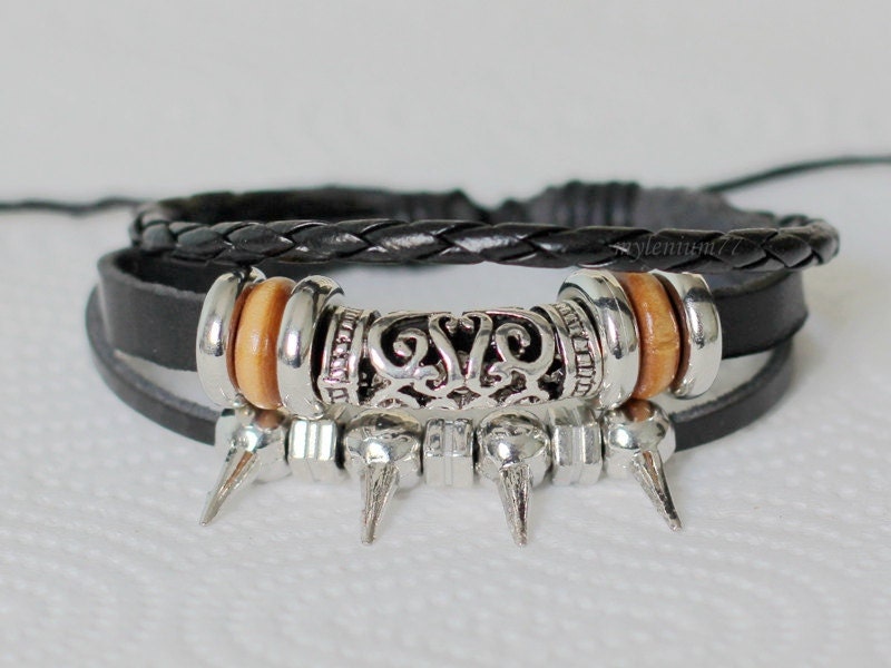 099 Men's black leather bracelet Spikes bracelet by mylenium77