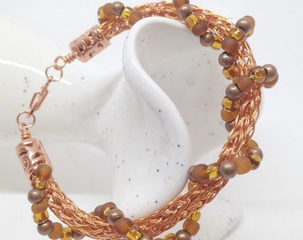 raw copper and beaded two strand viking knit ladies bracelet