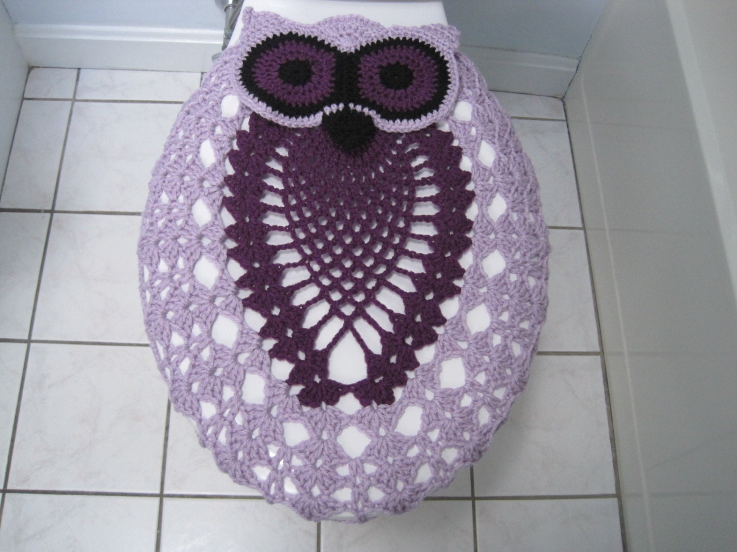 Crochet Owl Toilet Seat Cover pale plum/dark orchid/black