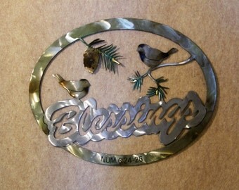 Blessings Metal Wall Sculpture Includes Chickadees and Pine Branches