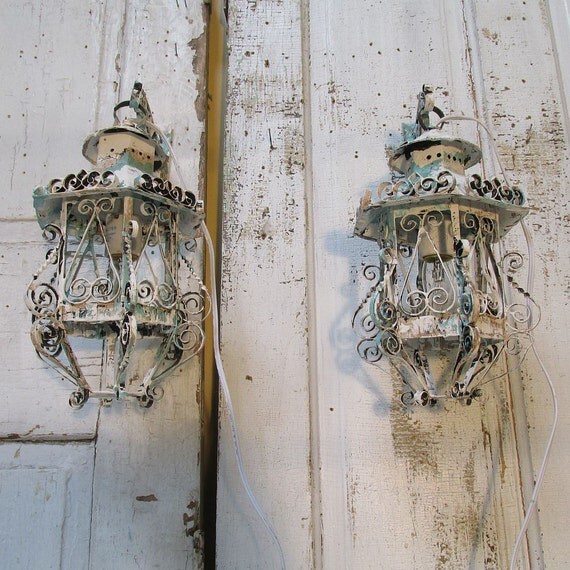 Painted vintage lantern shabby cottage chic distressed
