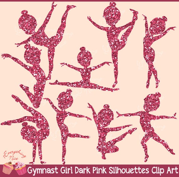 Gymnast Girl Dark Pink Glitter Silhouettes Clip Art Set