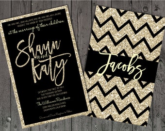 Black and Champagne Wedding Invitations, Black and Silver Wedding Invitations, Black and Gold Invitations, Glitter Wedding Invitations
