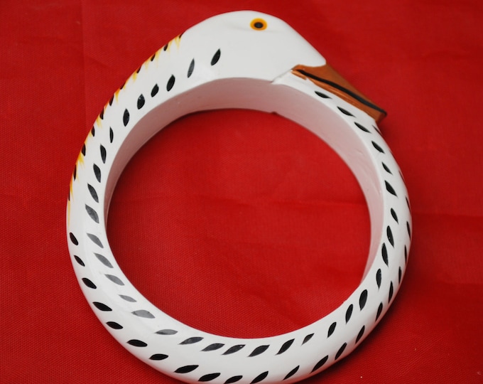 Wood Carved Duck Bangle - Painted white black yellow - animal bracelet