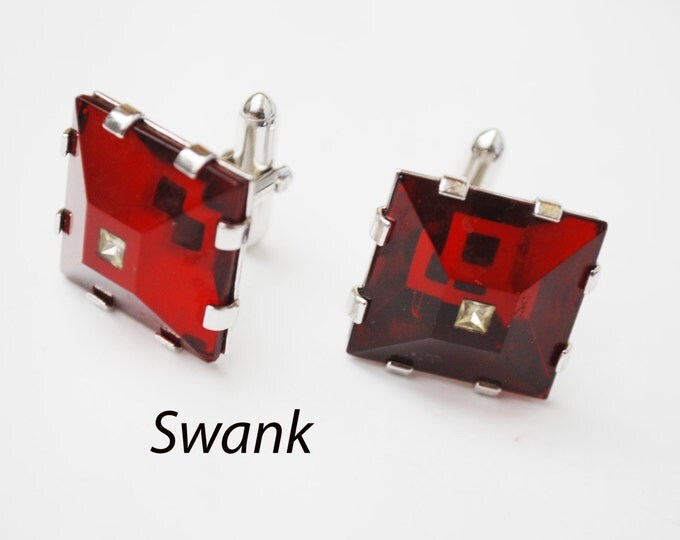 Swank Red Square cuff links, Red glass with clear rhinestone - silver tone - mens cufflinks