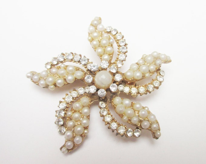 Flower Brooch with Gold tone metal pearls and rhinestone mid century Atomic pin