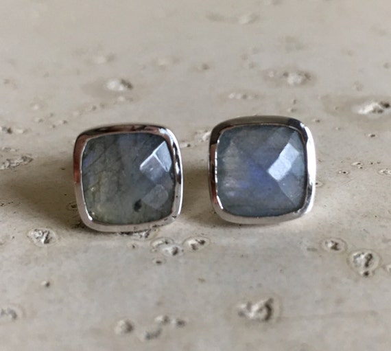 Square Labradorite Earring- Sterling Silver Stud Earring- Square Shape Cushion Earring