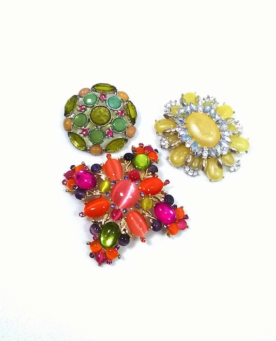 Set of 3 Brooches Big Bright Brooches Vintage Brooches