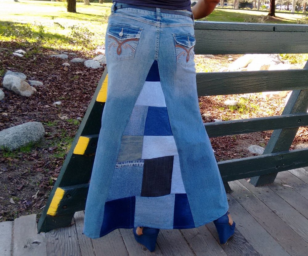 Denim Maxi Skirt Patchwork Denim Maxi Skirt Stretch Denim