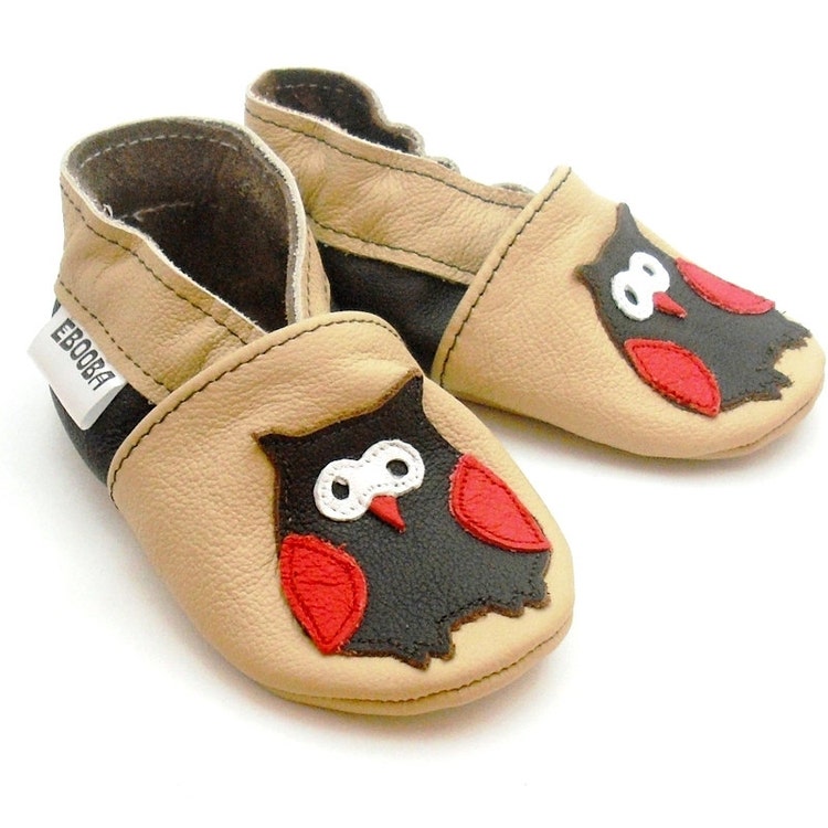 soft sole baby shoes infant kids children owl on beige by ebooba