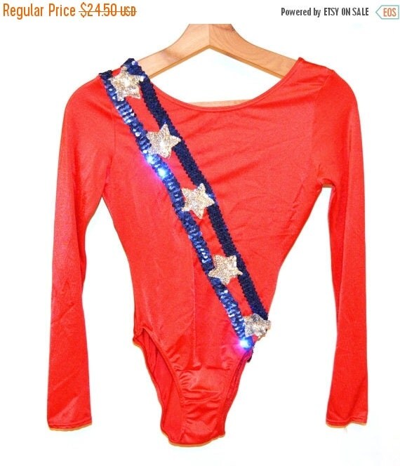 ON SALE Vintage Dance Costume Dance Leotard 80s Capezio Leotard Stars Stripes Bodysuit Red