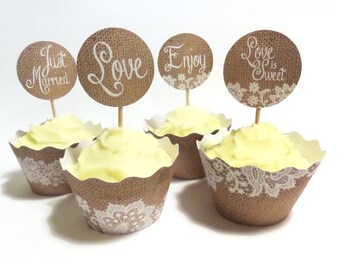 Rustic Wedding Burlap and Lace Cupcake wrappers & Cake Toppers - Instant Printable Download PDF Files