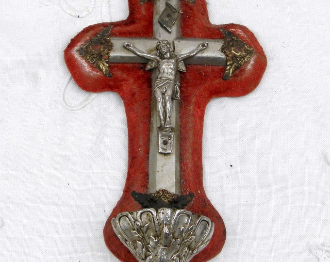 Antique French Catholic Red Velvet, Silver and Gold Plated Crucifix with Font, Religious, Religion, Jesus, Christian, Church, Retro Home