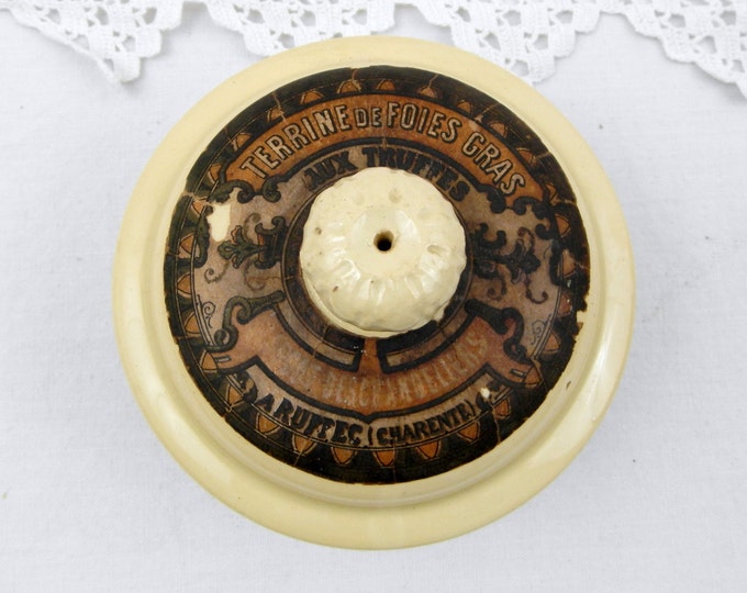 Small Antique "Terrine de Foies Gras aux Truffes" Truffles Lidded Pot with Original Paper Label by Sarrguemines from France, French Countr Small Antique "Terrine de Foies Gras aux Truffes" Truffles Lidded Pot with Original Paper Label by Sarrguemines from France, French Countr