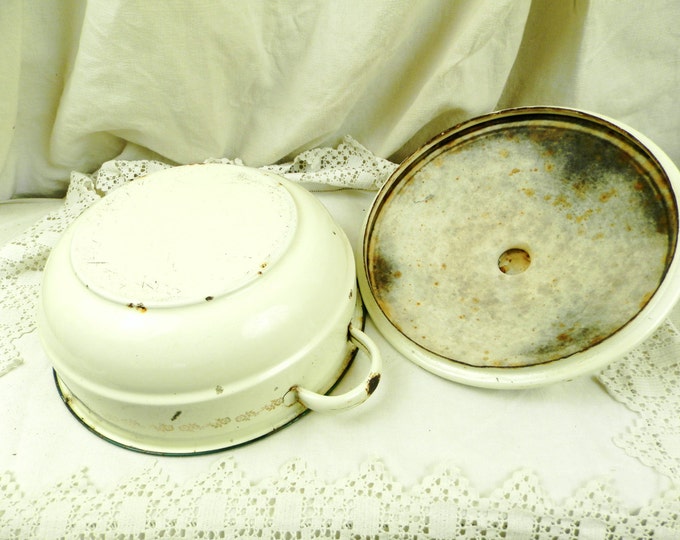 Large Antique French Off White Green & Gold Enamelware Lidded Vessel Pot Pan/ Retro Vintage Home Decor / Enamel / Cottage Kitchen Country