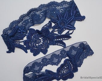 Navy Bridal Garter, Wedding Garter Blue, Wedding Garter Set, Something Blue, Handmade Garter, Navy Blue Garter, Lace Bridal Garter, Garters