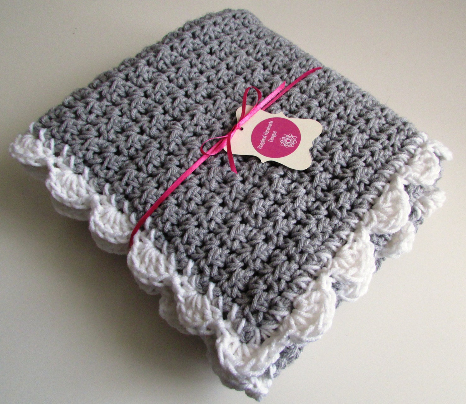Baby Blanket Grey Blanket with White Trim by HooglandHandmade
