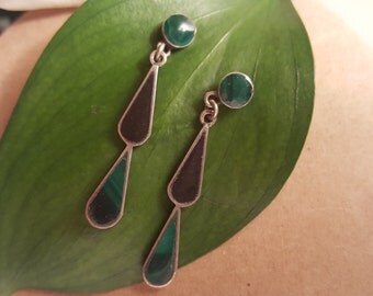 Vintage Green Marcasite and Black Onyx Drop Earrings with Sterling Silver Circa 1987