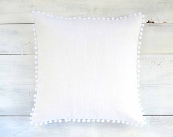 White Pom Pom Pillow Cover - 20" x 20" - Decorative Pillow, Throw Pillow, Pom Pom Pillow Cover, White Pillow, Nursery Pillow, Linen Look