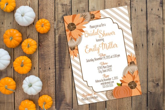 Fall Bridal Shower Invitation - Fall Baby Shower Invitation - Fall Flowers with Pumpkin - Brown and Orange - Printable Il_570xn