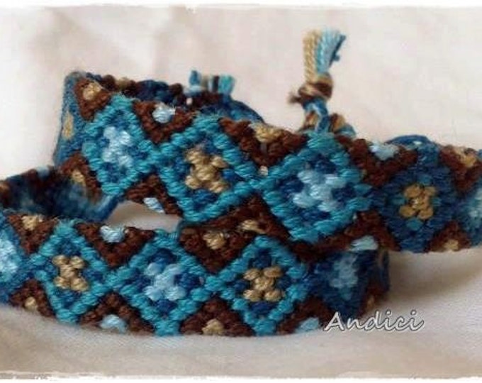 Friendship Bracelet, Macrame, Woven Bracelet, Wristband, Knotted Bracelet - For Men Brown Blue Diamond pattern