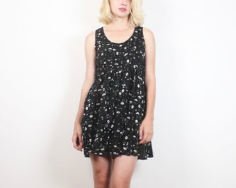 Vintage 1990s Dress Faded Black DAISY Floral Print Mini Dress Babydoll Dress Soft Grunge Daisies 90s Sundress Lolita XS S Small M Medium
