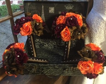Fall Wedding Bouquet 17 piece Fall Bouquet Set, Brown Bouquet, Burgundy Bouquet, Orange Brown Bouquet, Fall Wedding, Fall Bridal Bouquet
