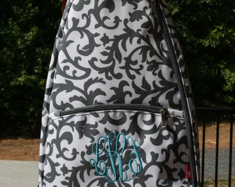 Monogrammed Tennis Bag Gray Floral Ladies Personalized Tennis Racquet Backpack