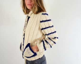 Handmade Striped Cardigan Sweater Cream and Navy