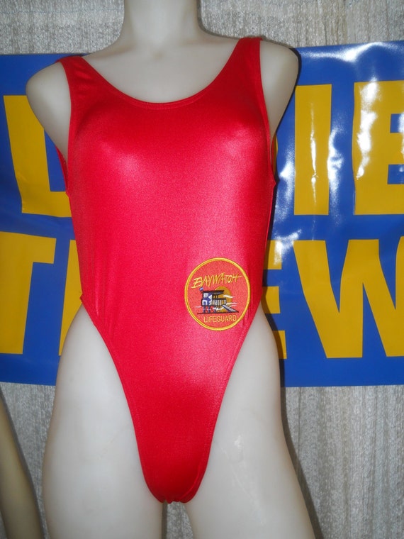 Baywatch style swimsuit with Baywatch logh In red wet look