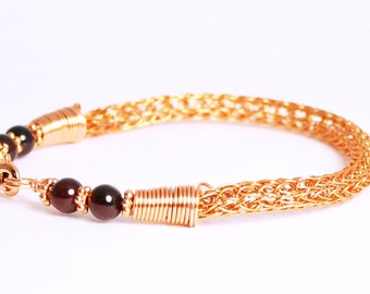 Copper Viking bracelet, red garnet jewelry, woven copper chain Viking knit bracelet, garnet bracelet