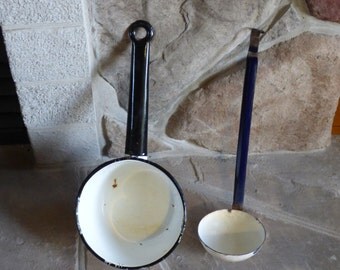 Old enamel pot and ladle
