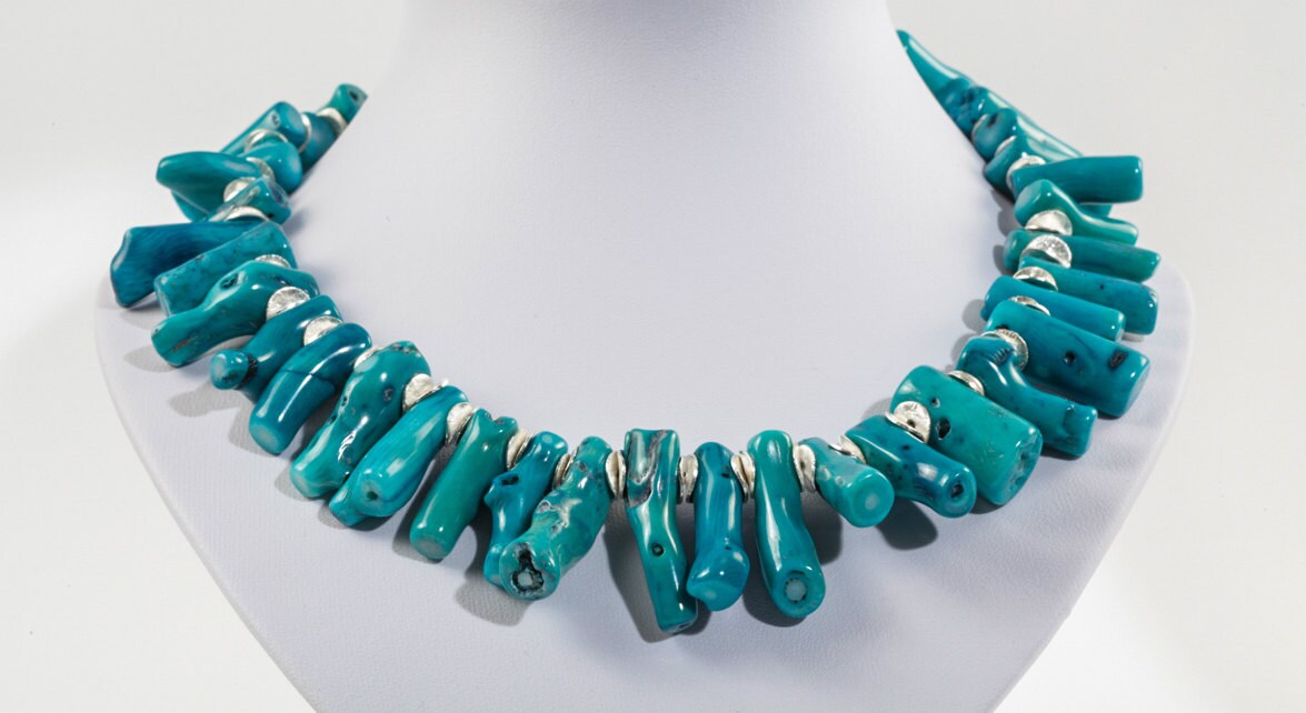 blue coral silver necklace coral beads by