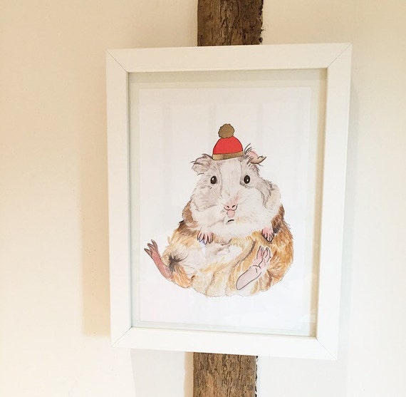 Geoffrey Guinea Pig with Red Hat Cute A5 Gesso Fine Art Print