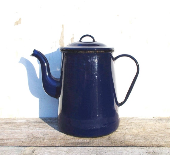 Enamel Coffee Pot Vintage Garden Decor Blue Jug 1960s